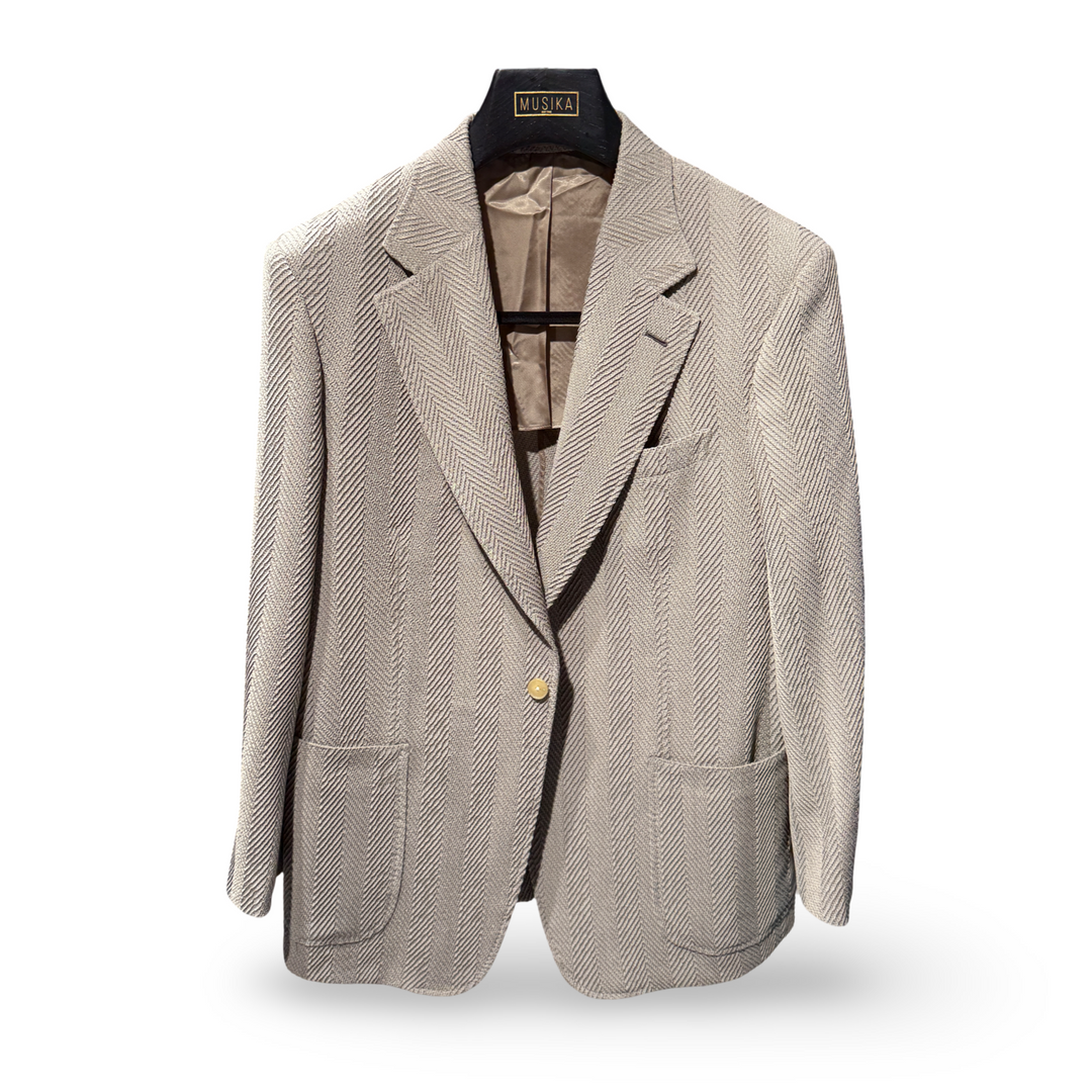 Beige Herringbone Italian Imported Cotton Linen "Notch Lapels" 1B Jacket
