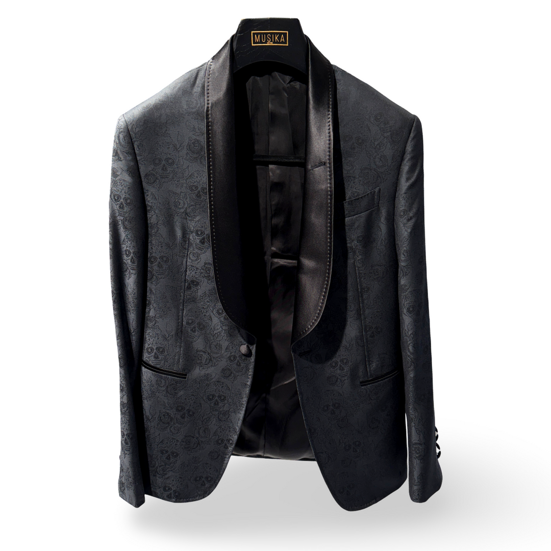 Black Silver Skull Stitch Italian Imported Special Event Extra Fine Wool "Shawl Lapels" 1B Tuxedo Jacket