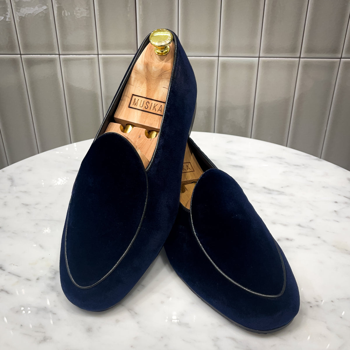 Navy Velvet Belgian Loafer – Musika New York display picture 1
