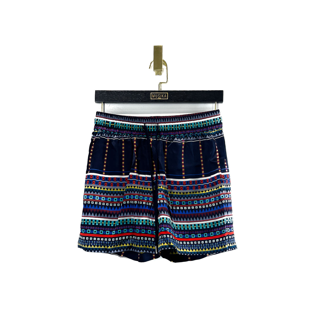 Navy Multicolor Asymmetrical Print Silk Shorts