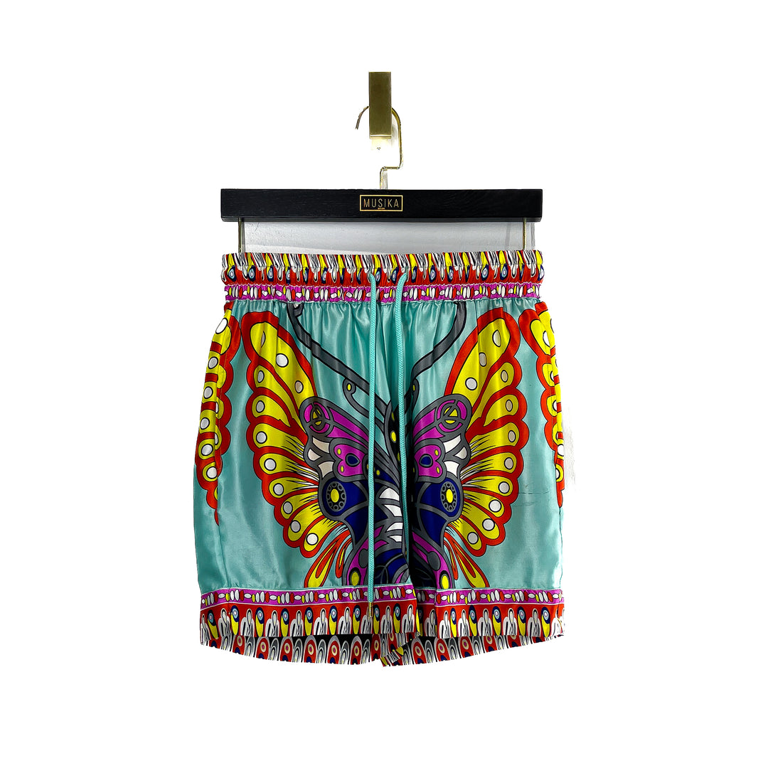 Teal Multicolor Printed Butterfly Silk Shorts