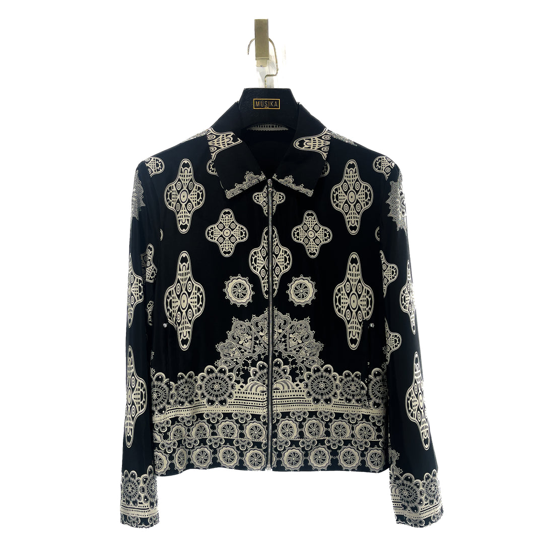 Black and Beige Moroccan Silk Blouson Jacket