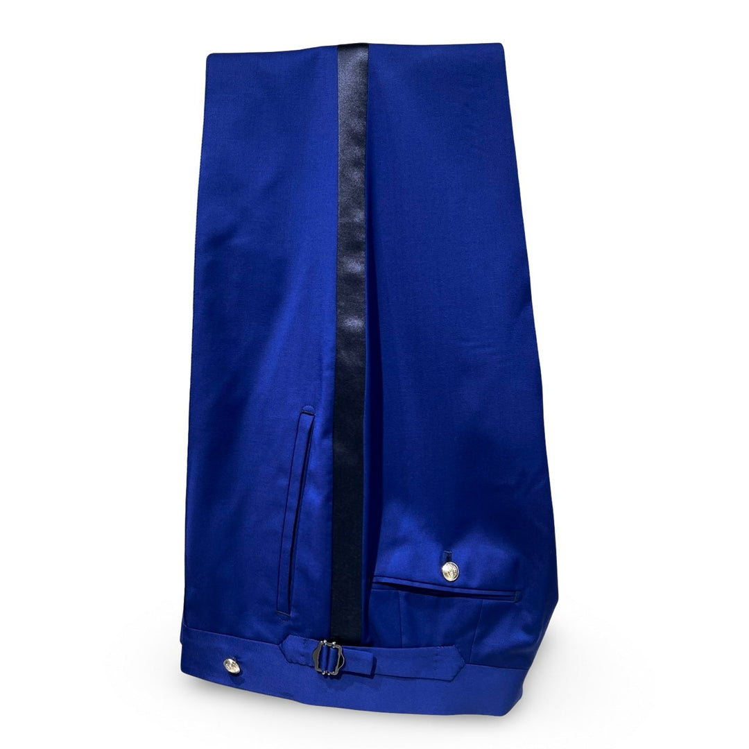 Blue Italian Imported Tropical Wool With Black Satin Trim Accents Lapeless DB Gold Button Suit