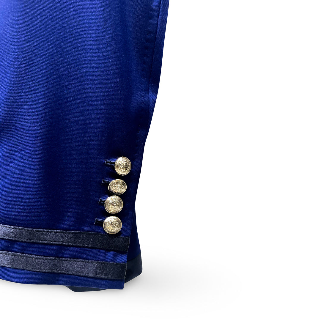 Blue Italian Imported Tropical Wool With Black Satin Trim Accents Lapeless DB Gold Button Suit