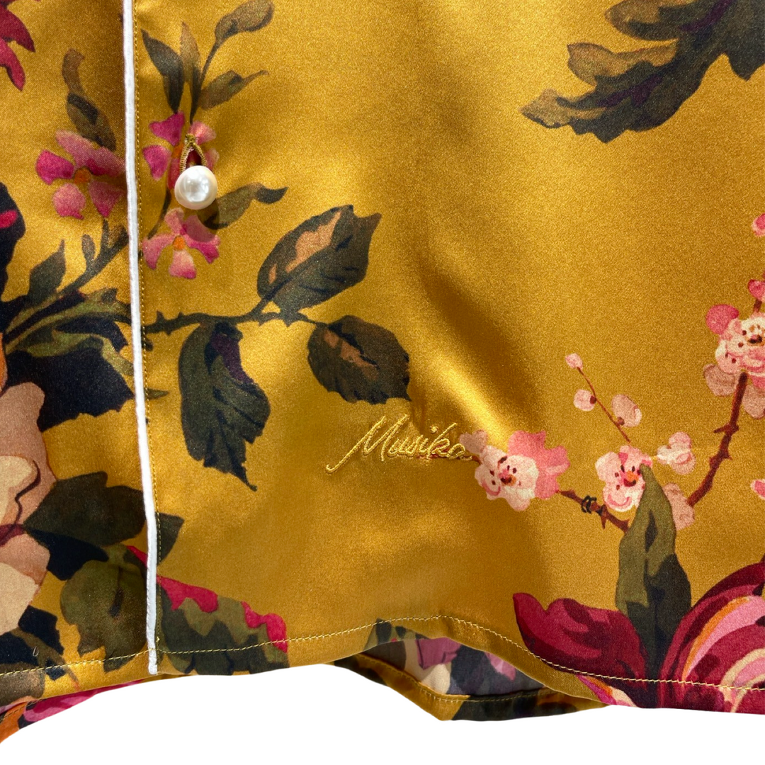 Gold Green Italian Imported Liberty of London Stately Kristina 100% Silk Satin w/ Silk Piping Shirt