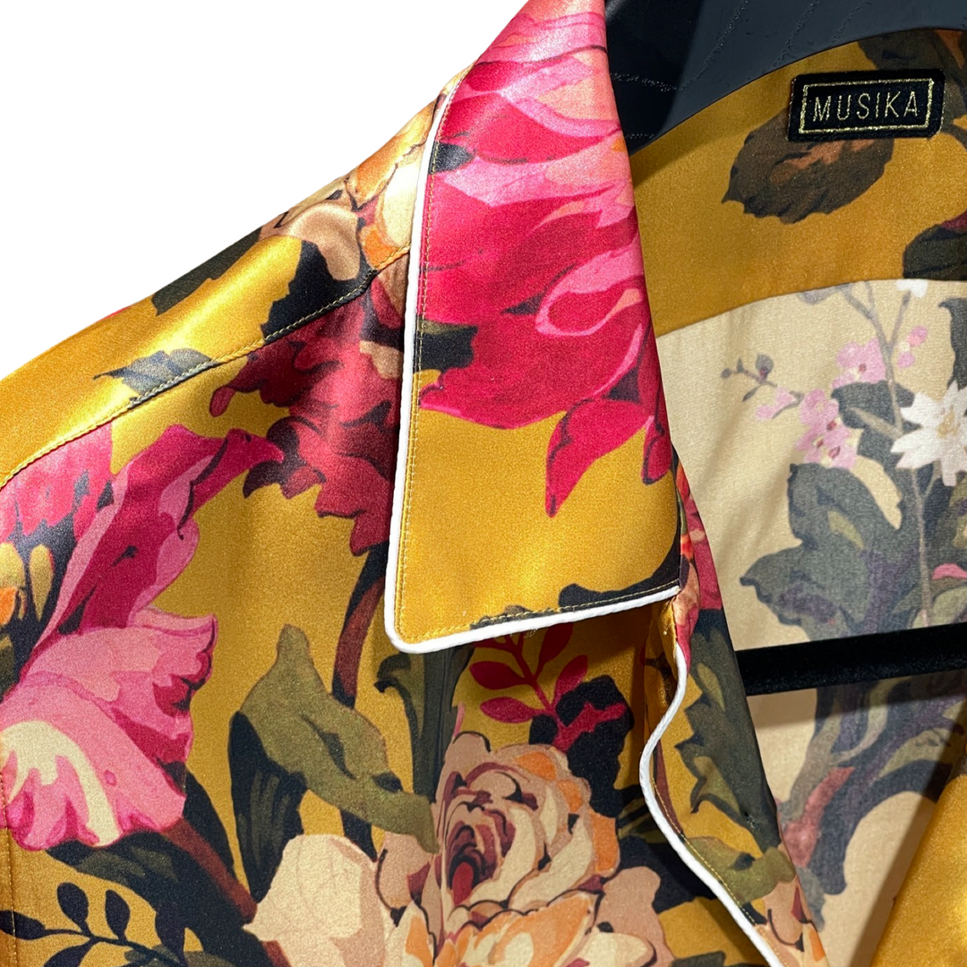 Gold Green Italian Imported Liberty of London Stately Kristina 100% Silk Satin w/ Silk Piping Shirt