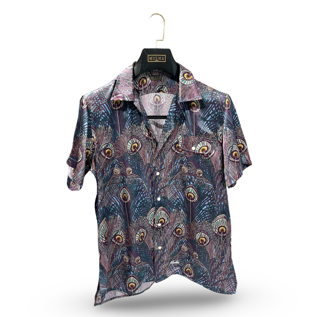Purple Teal Blue Peacock Liberty of London Royal Hera 100% Silk Satin w/ Pearl Buttons Shirt