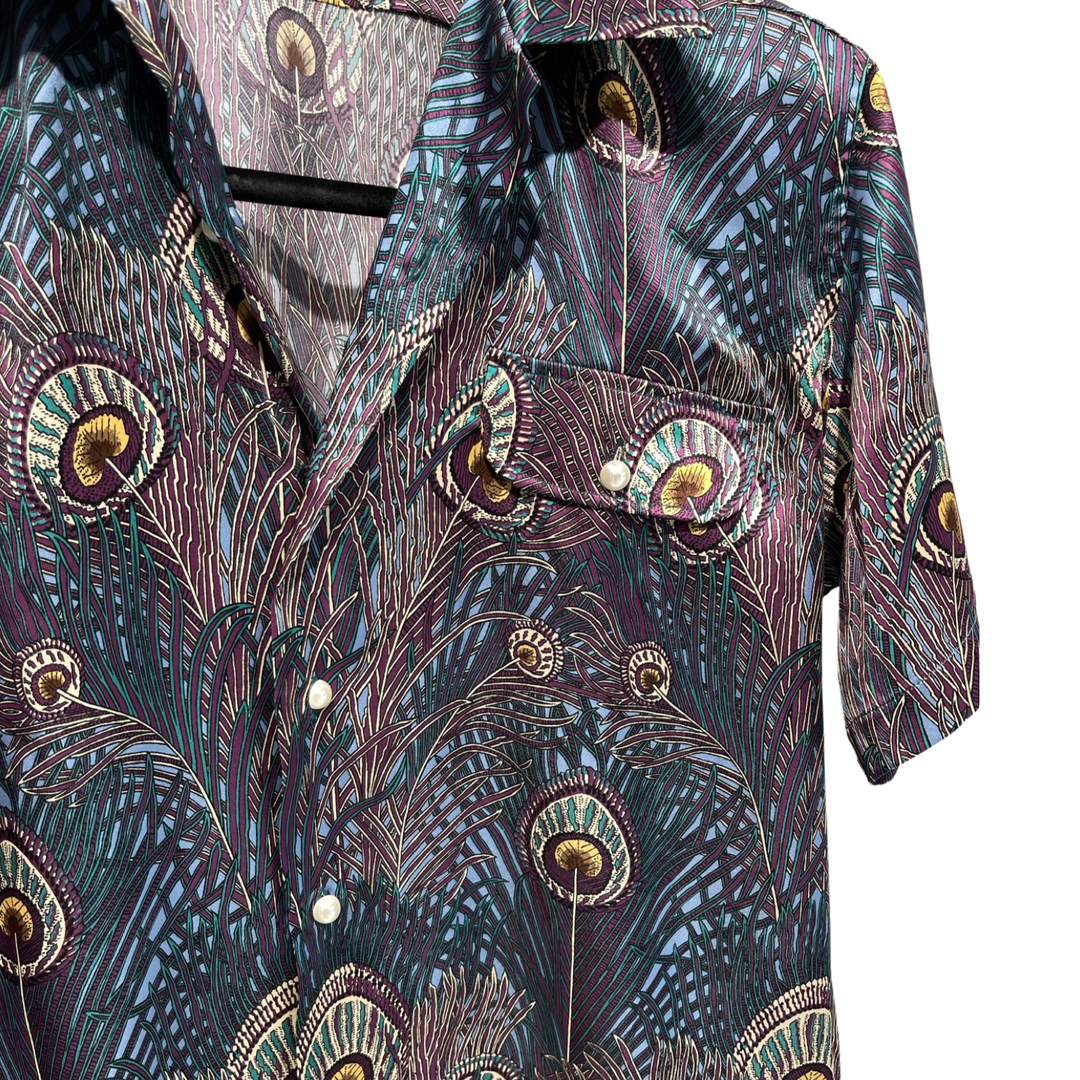 Purple Teal Blue Peacock Liberty of London Royal Hera 100% Silk Satin w/ Pearl Buttons Shirt