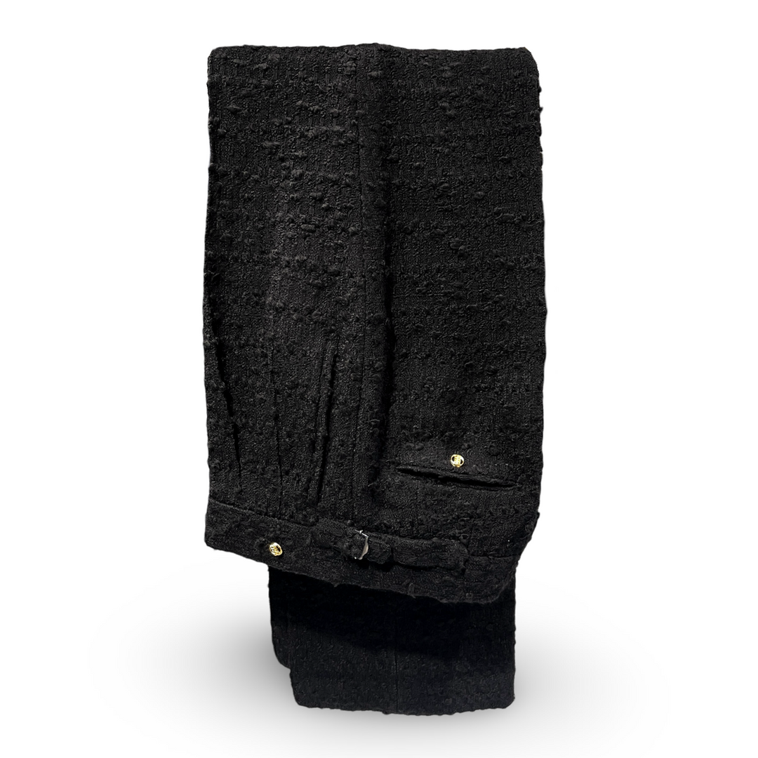 Black French Imported Tweed Boucle Fabric Cropped "Bentron Peak Lapels" DB Gold 2B Suit