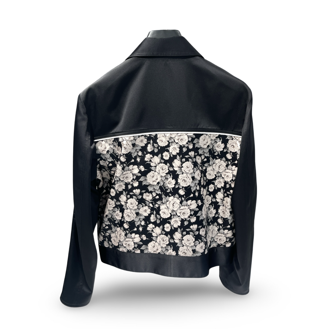 Black & White Floral Italian Imported Silk Piped Panel Blouson Jacket