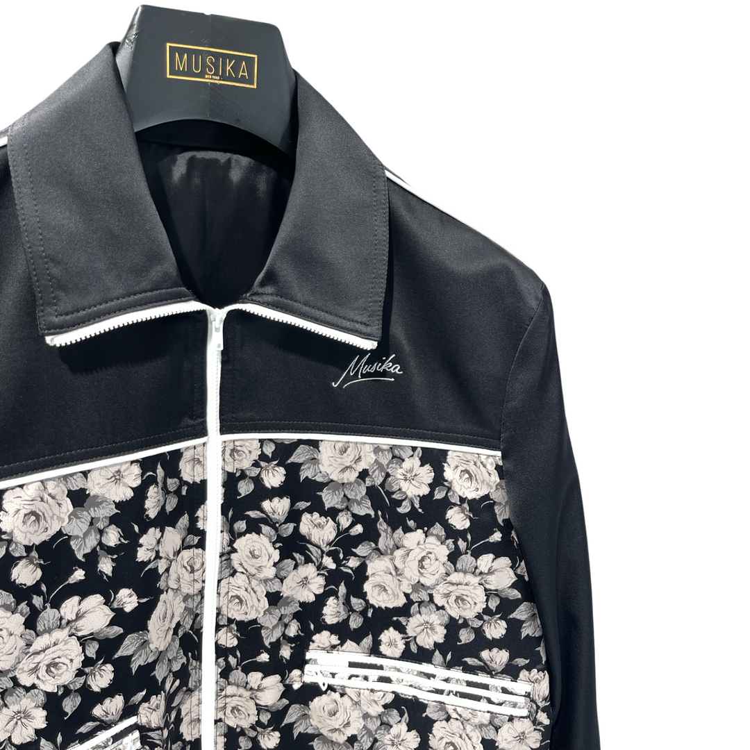 Black & White Floral Italian Imported Silk Piped Panel Blouson Jacket