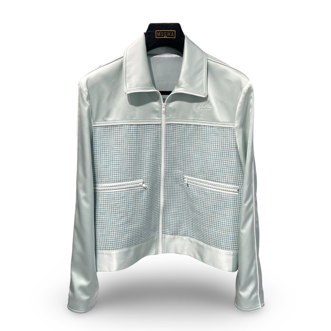 Sage Green Italian Imported Silk Piped Panel Blouson Jacket