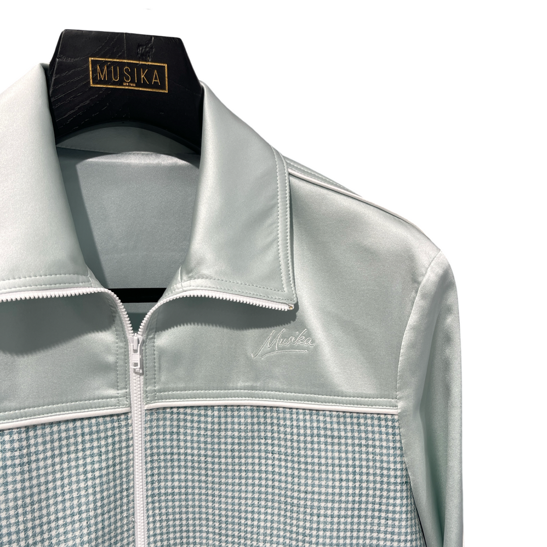 Sage Green Italian Imported Silk Piped Panel Blouson Jacket