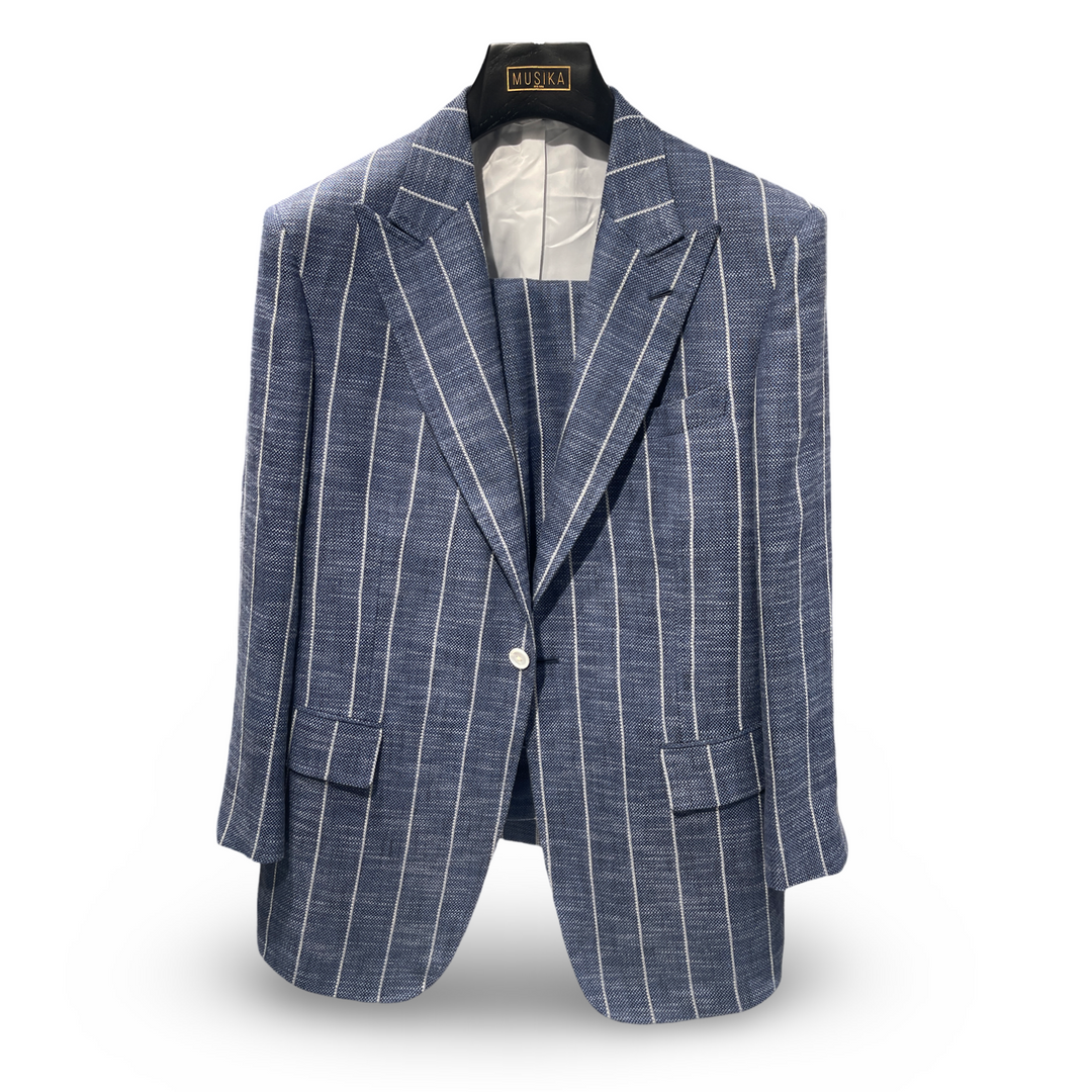 Navy White Wide Stripe Italian Imported Cotton, Linen, Wool Fabric "Benton Peak Lapels" 1B Suit