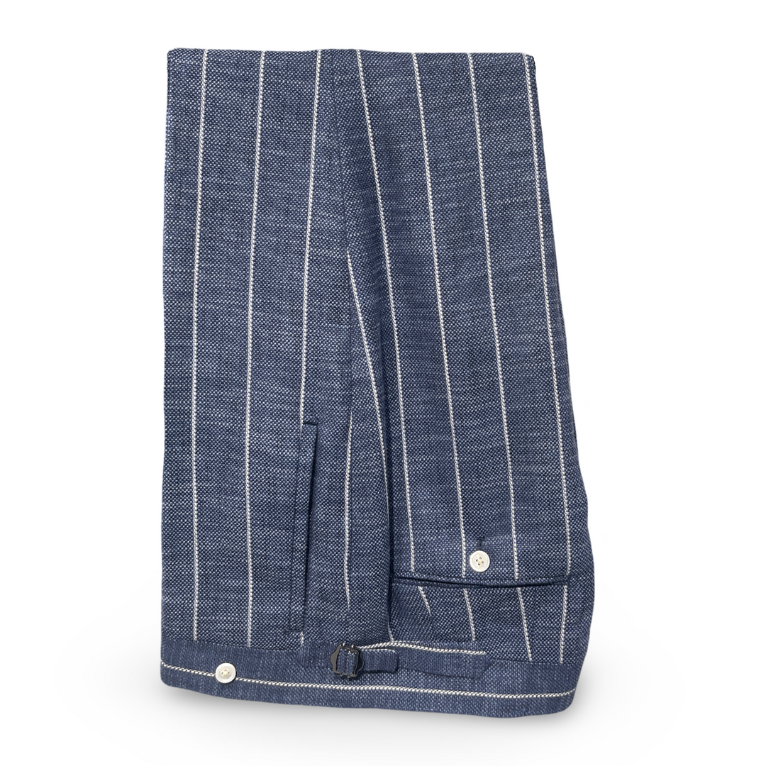 Navy White Wide Stripe Italian Imported Cotton, Linen, Wool Fabric "Benton Peak Lapels" 1B Suit