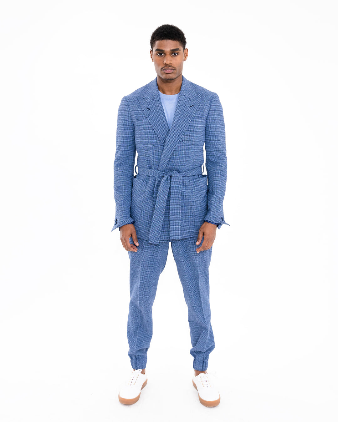 Santorini Blue “Benton Peak Lapels” Belted Seersucker Suit