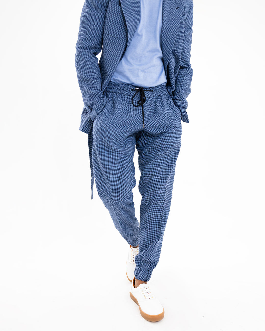 Santorini Blue “Benton Peak Lapels” Belted Seersucker Suit