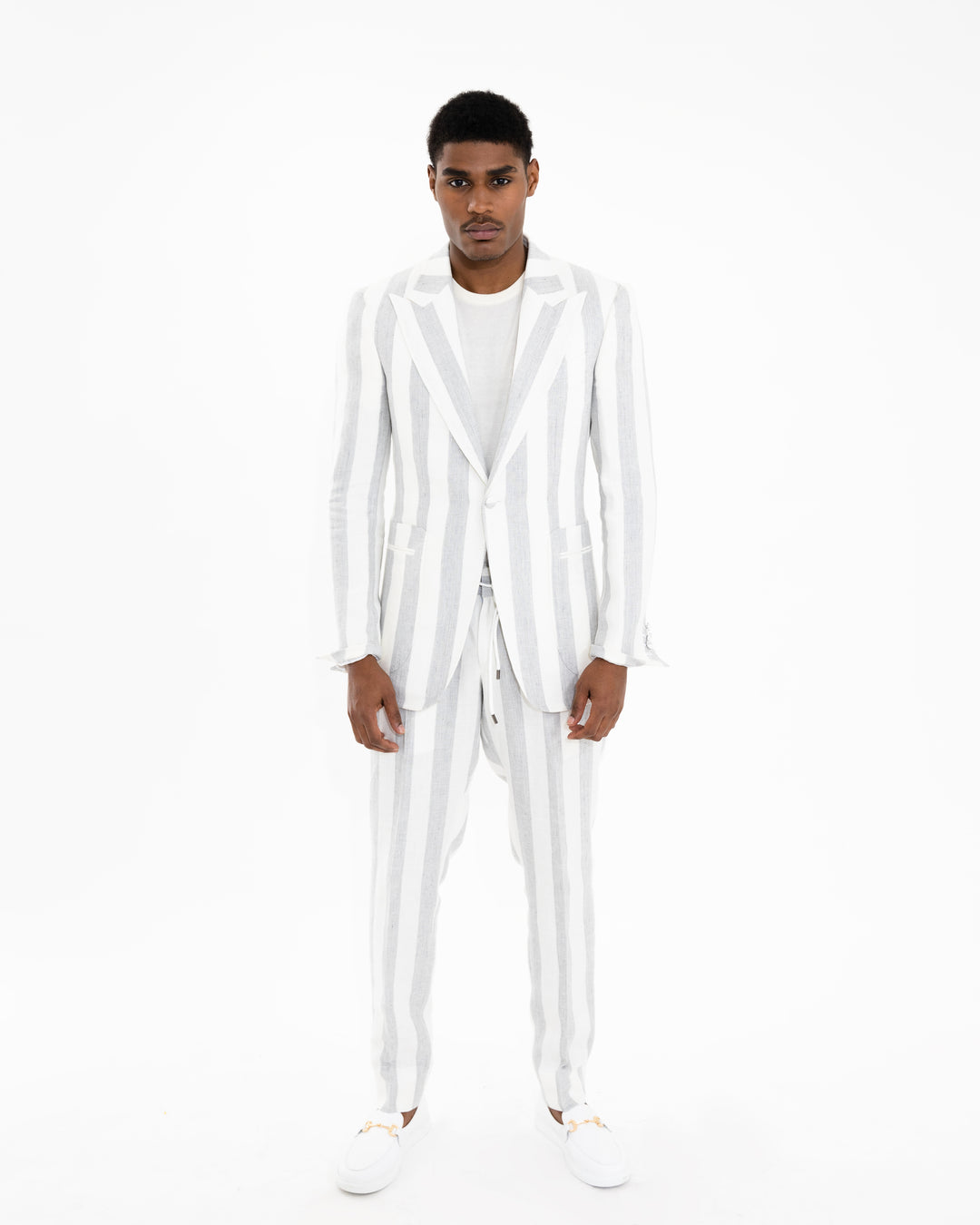 Gray Bone Awning Stripe “Benton Peak Lapels” 1B Tropical Wool/Silk/Linen Suit