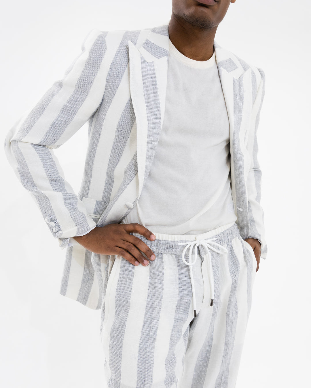 Gray Bone Awning Stripe “Benton Peak Lapels” 1B Tropical Wool/Silk/Linen Suit