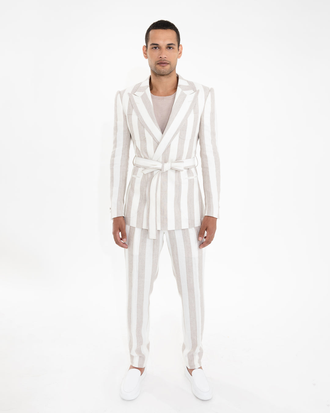 Sand Bone Awning Stripes “Benton Peak Lapels” Tropical Wool/Silk/Linen Belted Suit