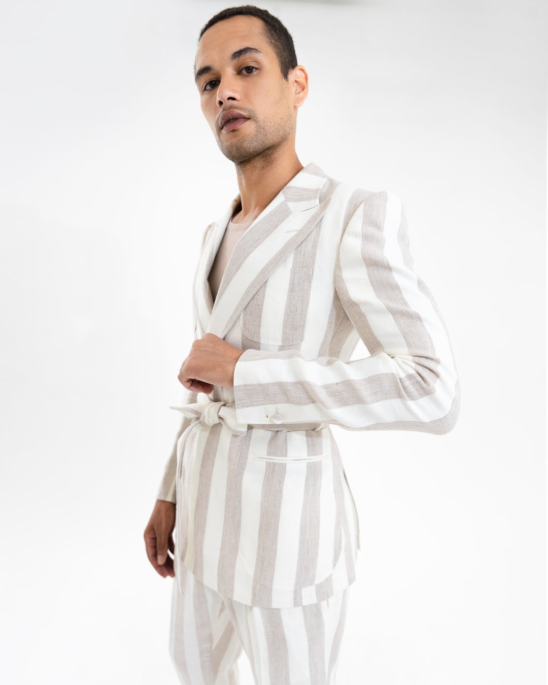 Sand Bone Awning Stripes “Benton Peak Lapels” Tropical Wool/Silk/Linen Belted Suit