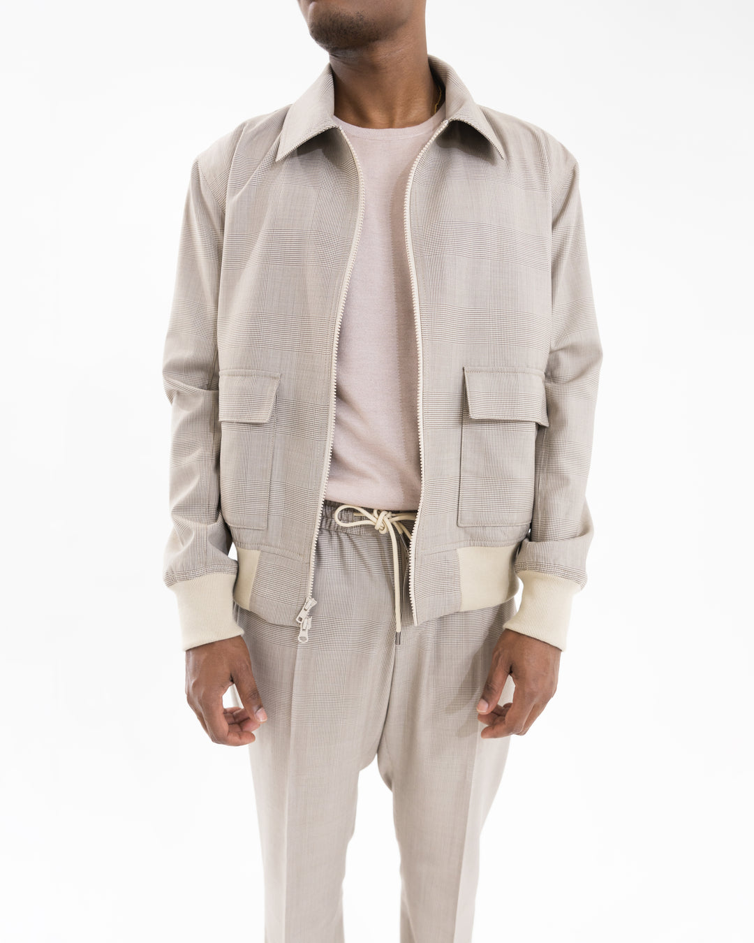Sand Beige Oversized Pockets Super 160 Wool Bomber Jacket