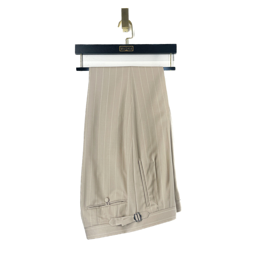 Beige White Pinstripes Wool Suit