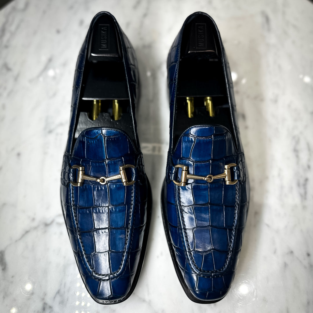 Blue Croc Embossed Gold-Bit Spanish Made Loafer