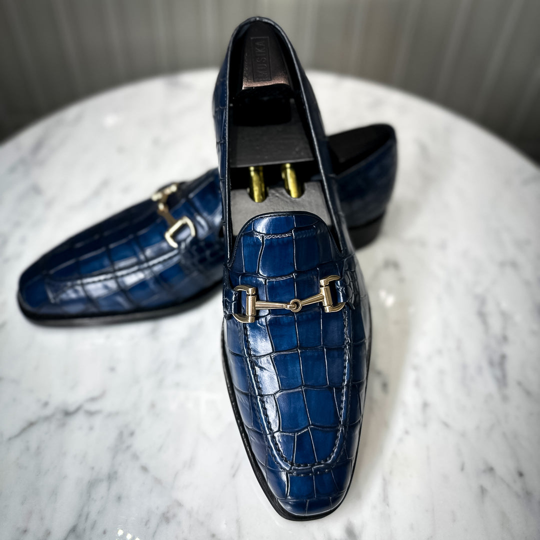 Blue Croc Embossed Gold-Bit Spanish Made Loafer