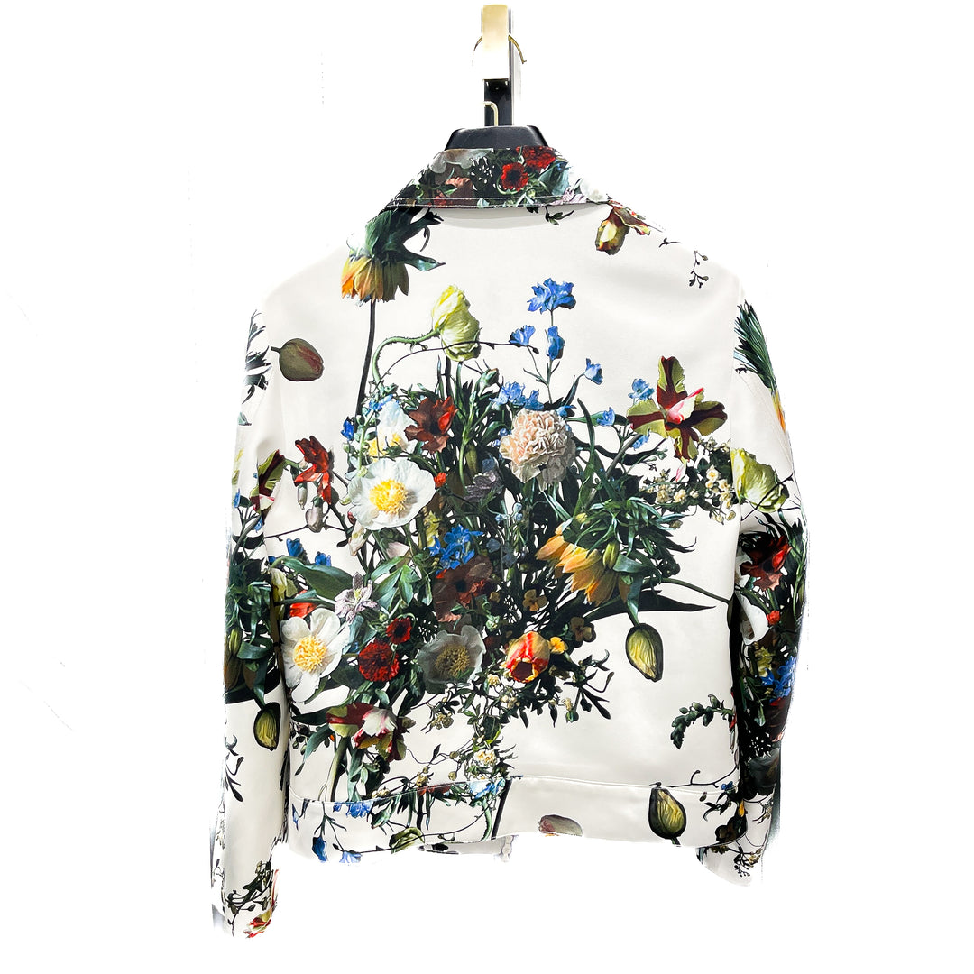 White Multicolor Flower Print Silk Blouson Jacket