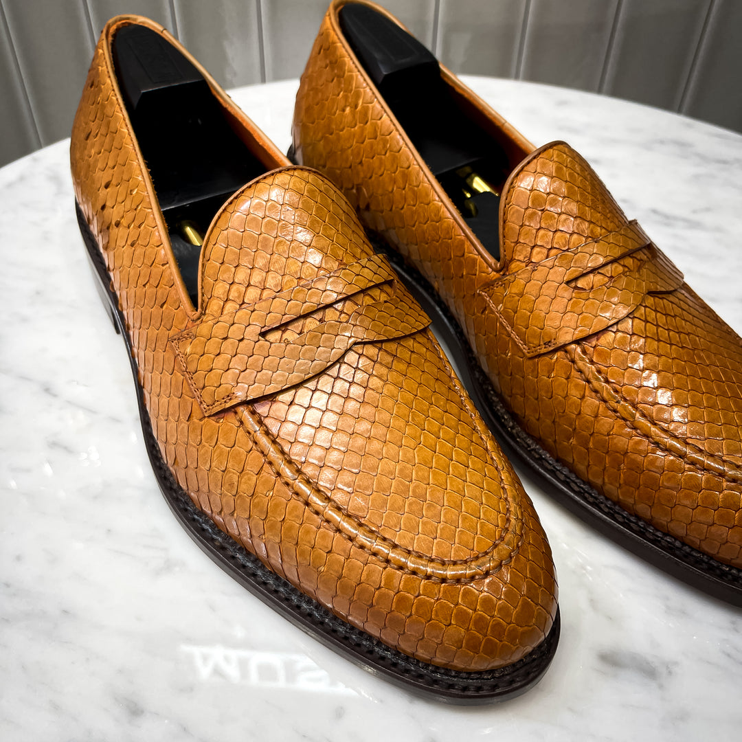 Cognac Python Skin Goodyear Welt High Heel Penny Loafer