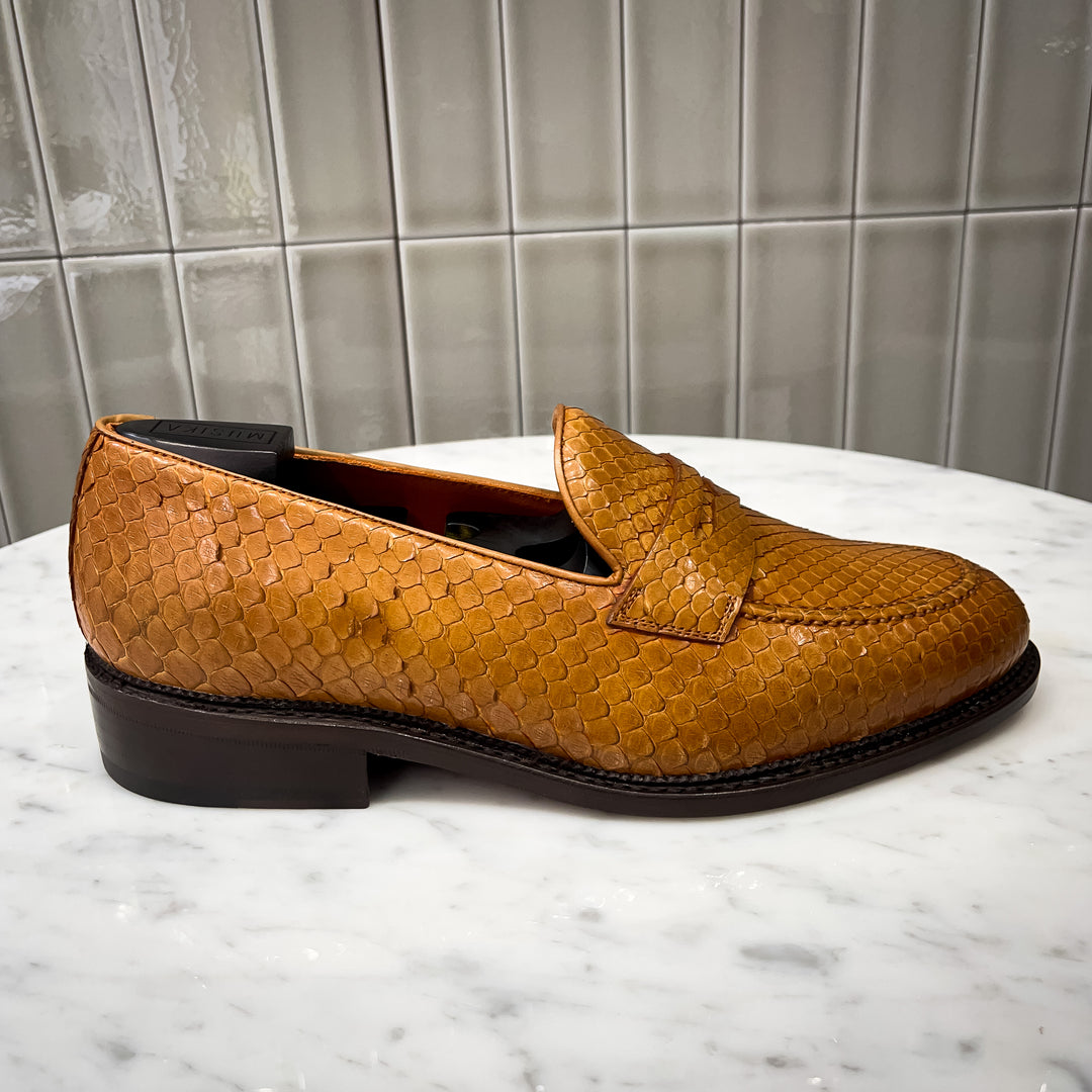 Cognac Python Skin Goodyear Welt High Heel Penny Loafer