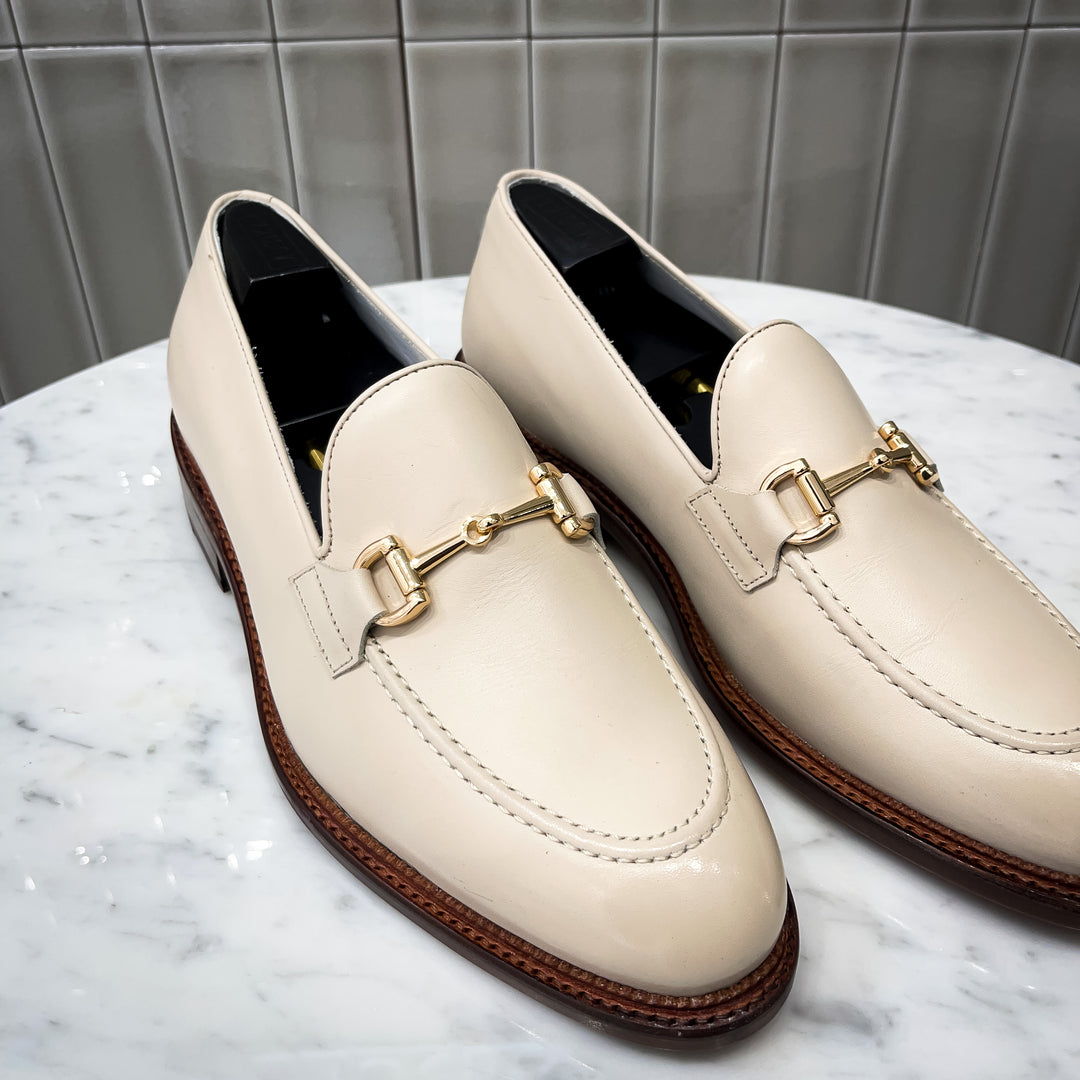 Nude Calf Goodyear Welt High Heel Gold Horse-Bit Loafer