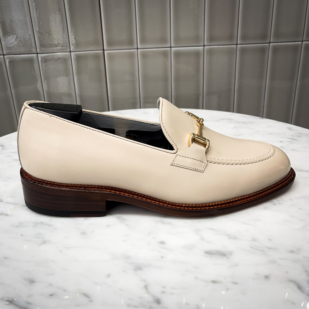 Nude Calf Goodyear Welt High Heel Gold Horse-Bit Loafer