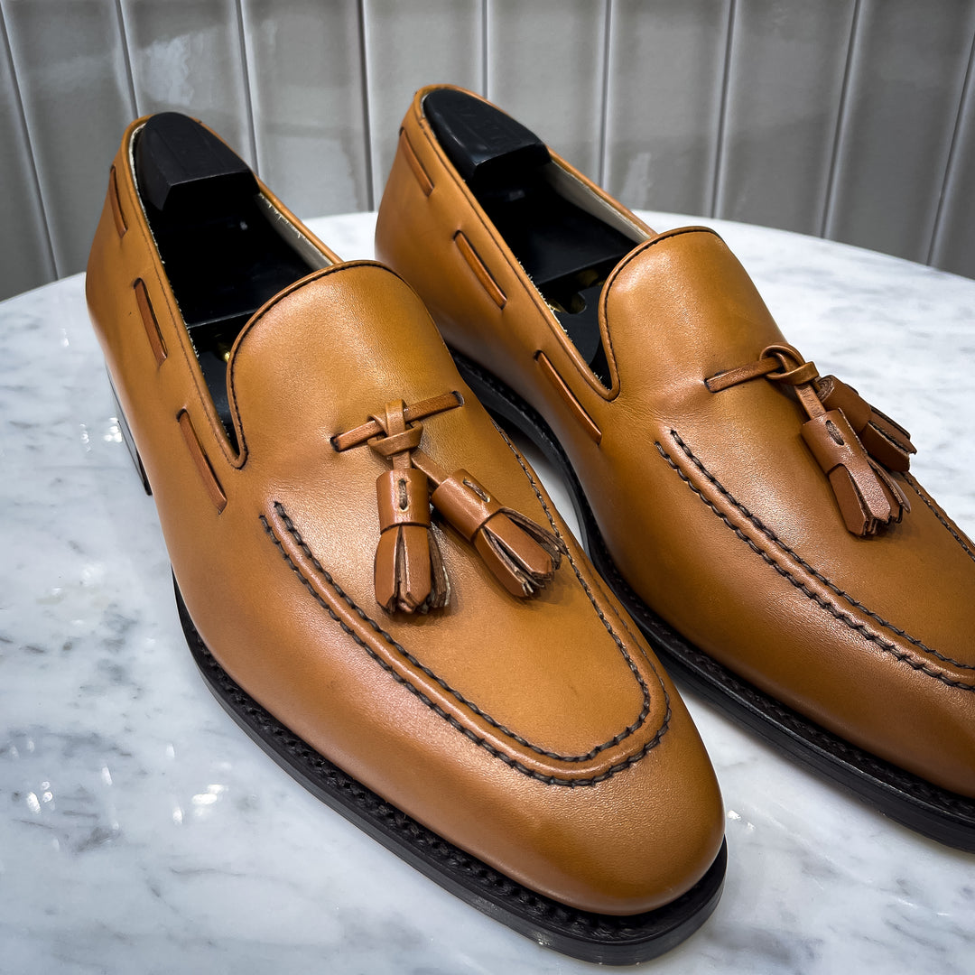 Cognac Box Calf Goodyear Welt Cuban Heel Bull Nose Tassel Loafer
