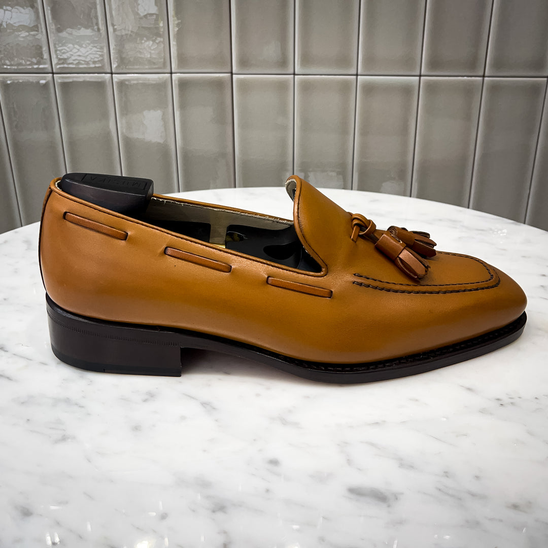 Cognac Box Calf Goodyear Welt Cuban Heel Bull Nose Tassel Loafer