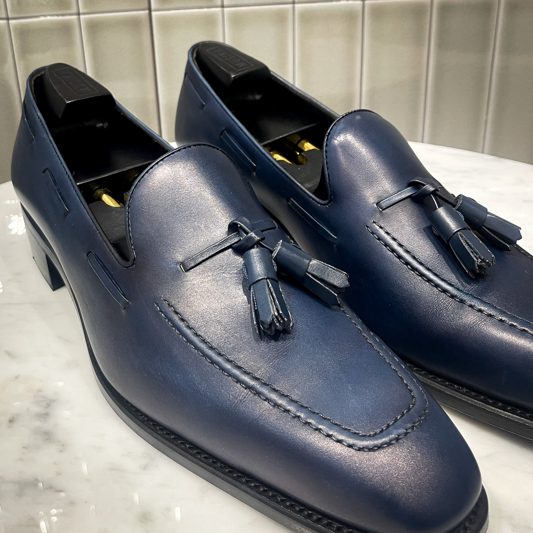 Navy Box Calf Goodyear Welt Cuban Heel Bull Nose Tassel Loafer
