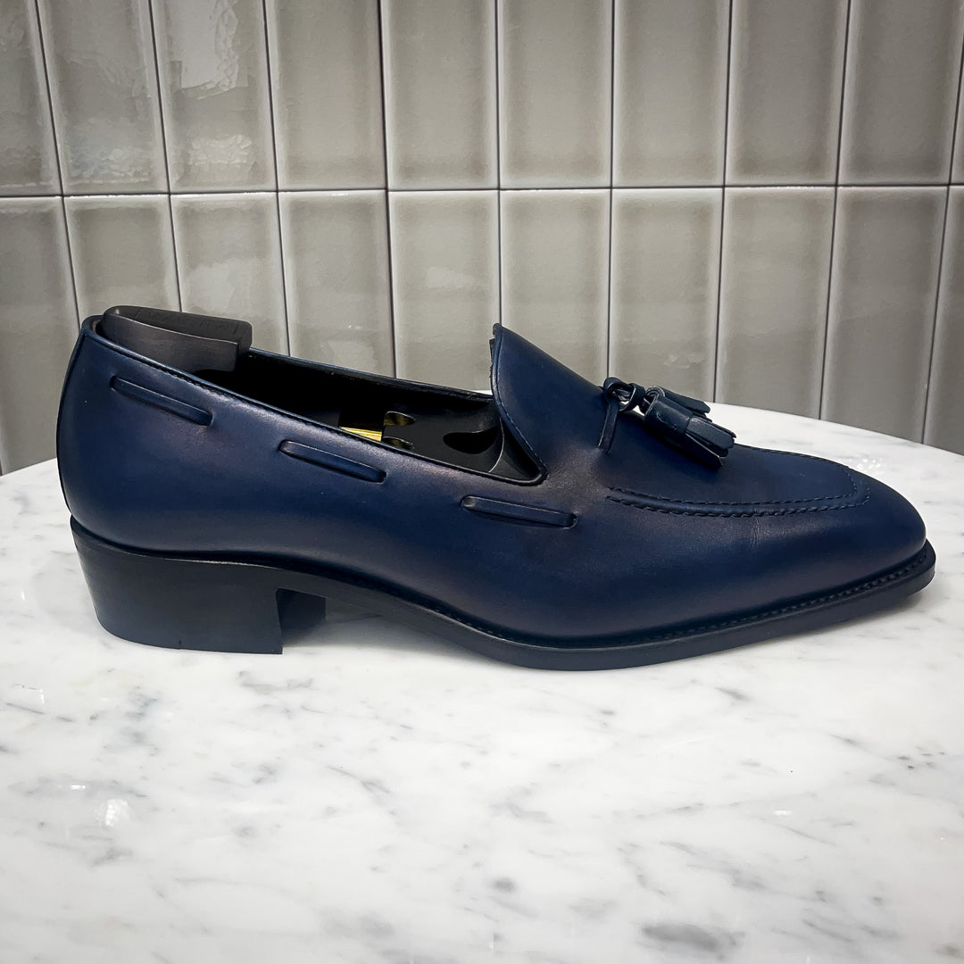 Navy Box Calf Goodyear Welt Cuban Heel Bull Nose Tassel Loafer