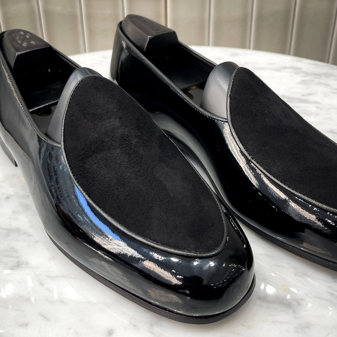 Black Spanish Hand Made Belgian Slipper Sued Vamp Patent Leather Body