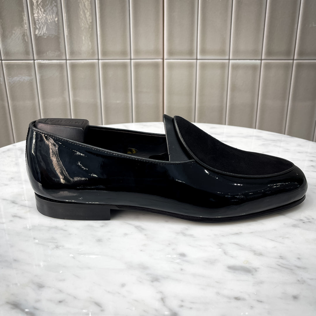 Black Spanish Hand Made Belgian Slipper Sued Vamp Patent Leather Body