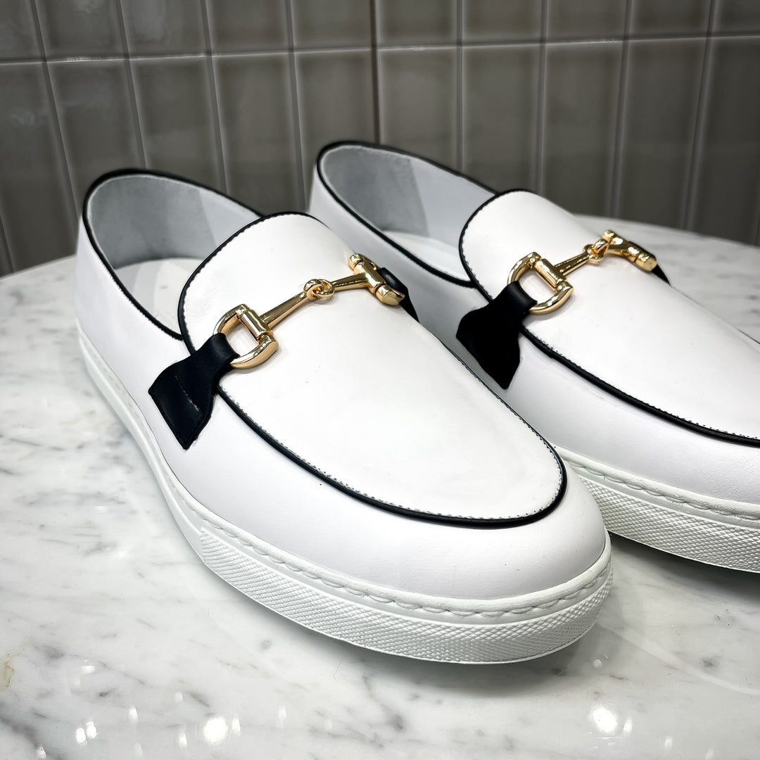 White With Black Trim Calf Skin Leather Spanish Made Horse-bit Belgian Loafer Sneaker