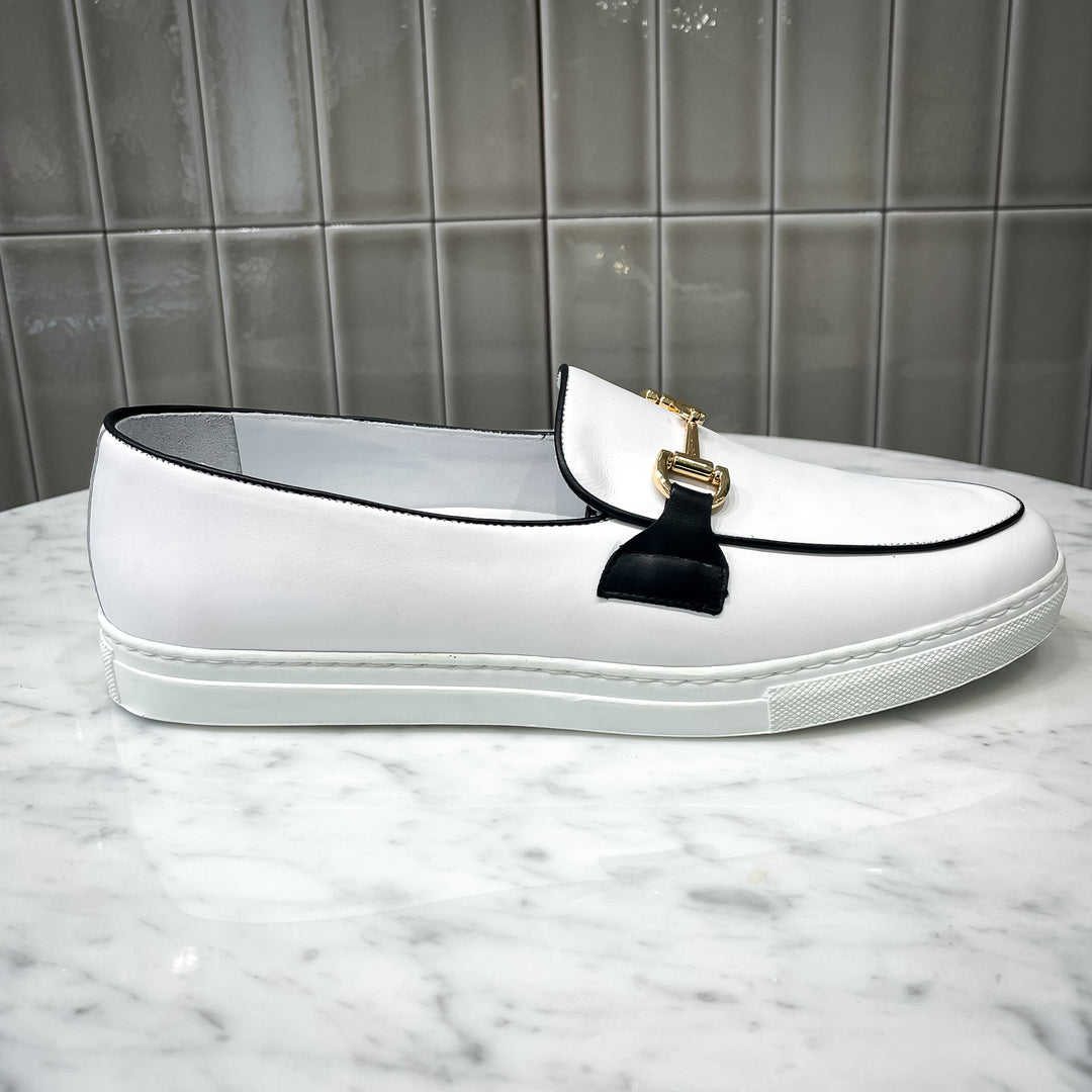 White With Black Trim Calf Skin Leather Spanish Made Horse-bit Belgian Loafer Sneaker