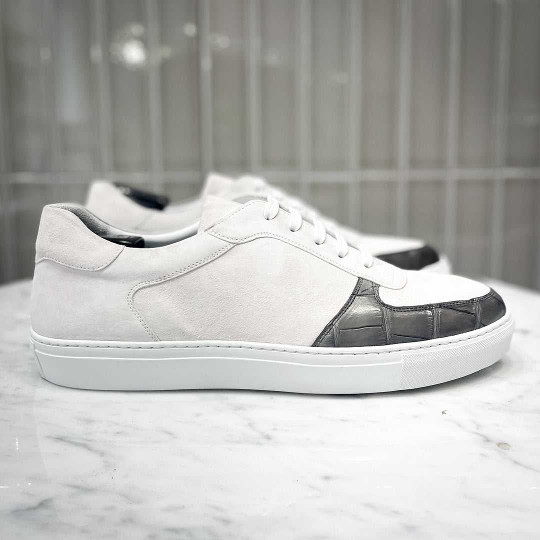 White Kid Suede Grey Croc Accent Tennis Trainer