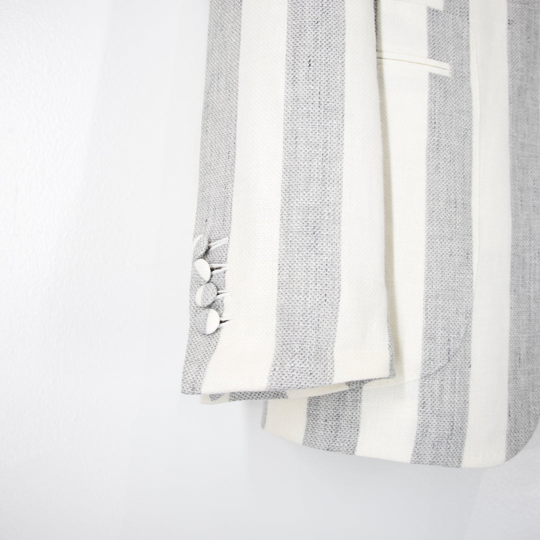 Gray Bone Awning Stripe “Benton Peak Lapels” 1B Tropical Wool/Silk/Linen Suit