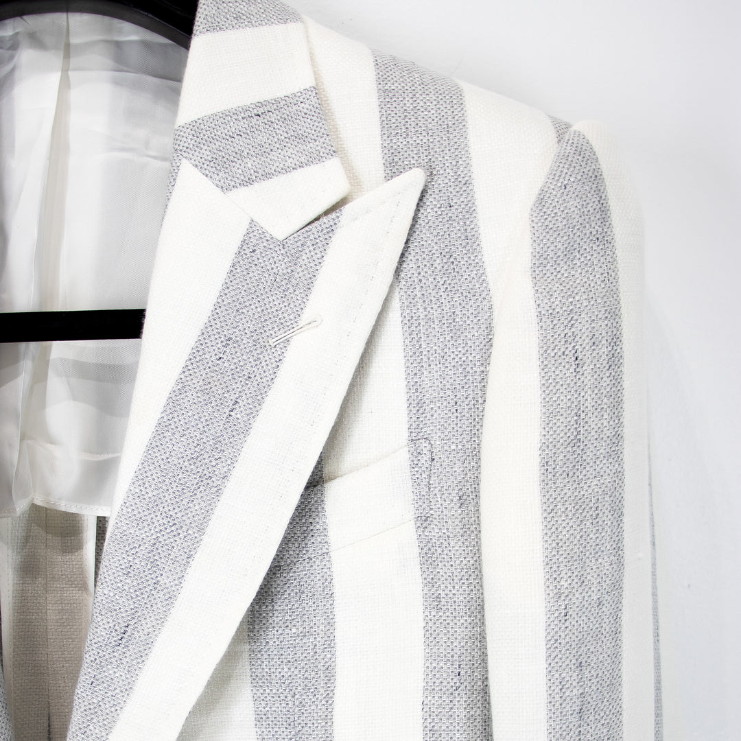 Gray Bone Awning Stripe “Benton Peak Lapels” 1B Tropical Wool/Silk/Linen Suit
