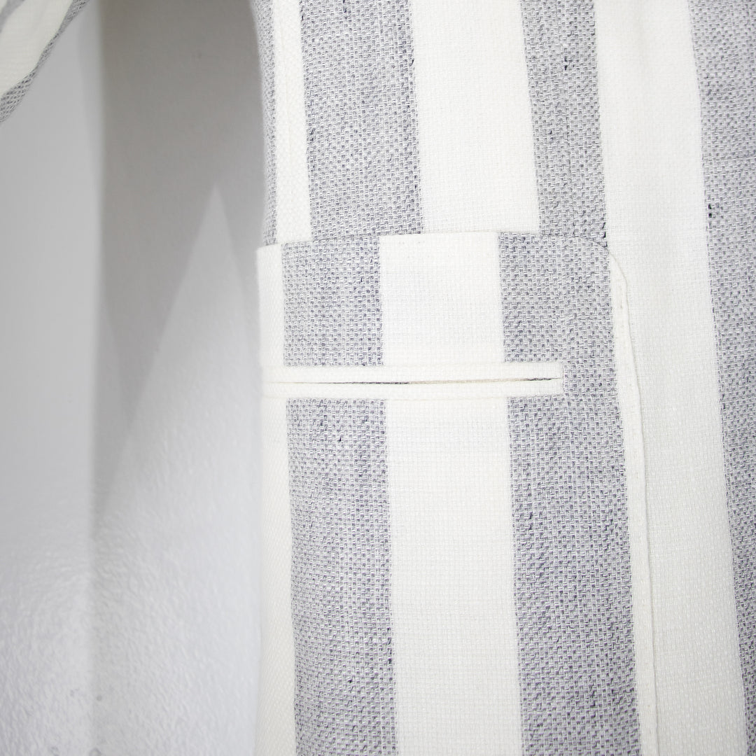 Gray Bone Awning Stripe “Benton Peak Lapels” 1B Tropical Wool/Silk/Linen Suit