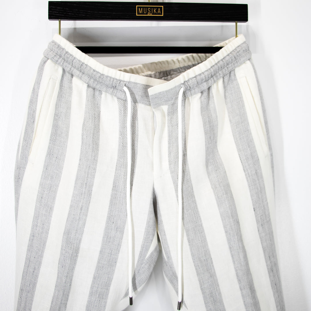 Gray Bone Awning Stripe “Benton Peak Lapels” 1B Tropical Wool/Silk/Linen Suit