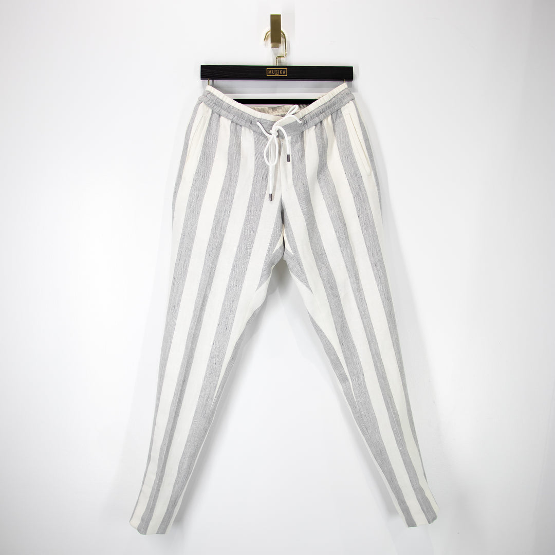 Gray Bone Awning Stripe “Benton Peak Lapels” 1B Tropical Wool/Silk/Linen Suit