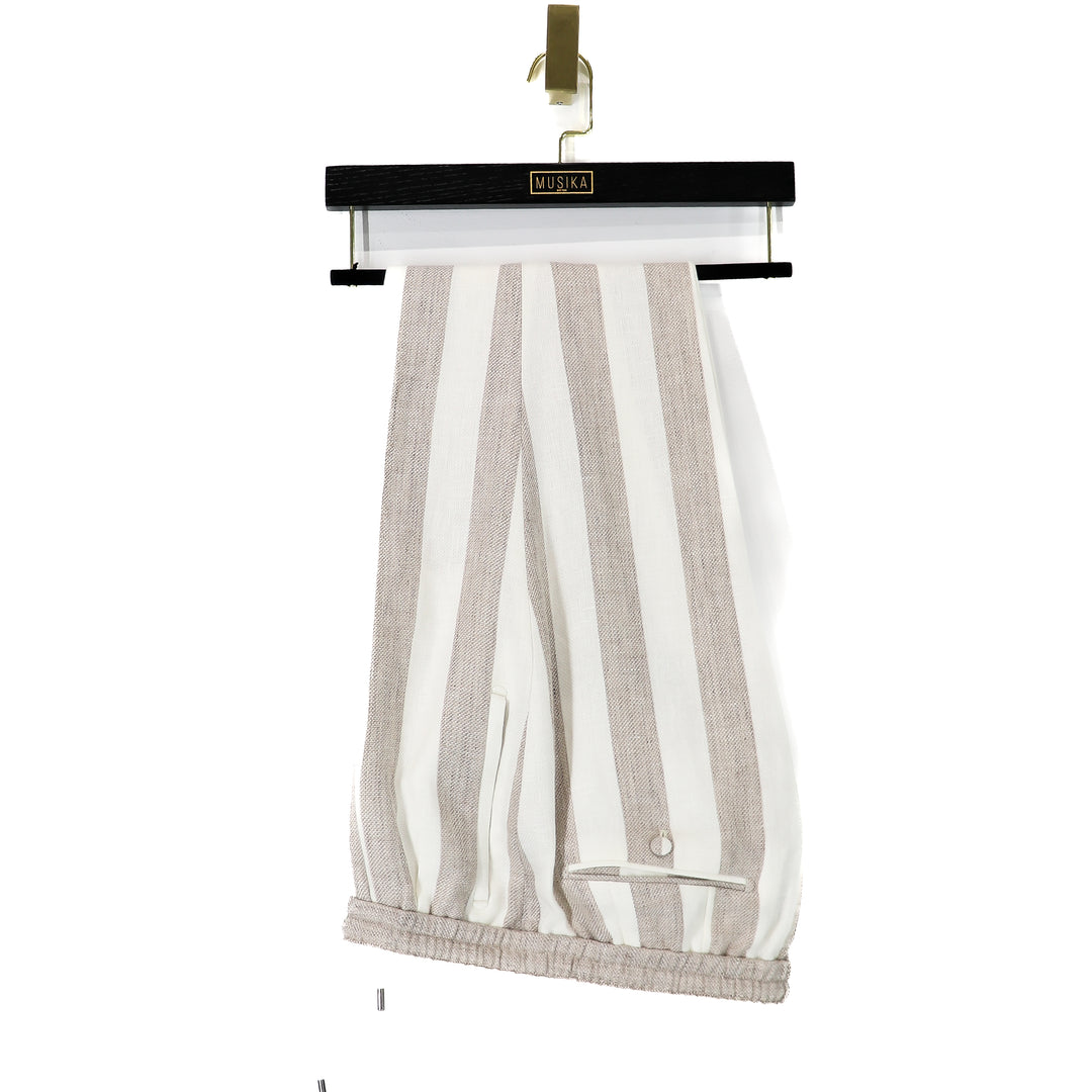 Sand Bone Awning Stripes “Benton Peak Lapels” Tropical Wool/Silk/Linen Belted Suit