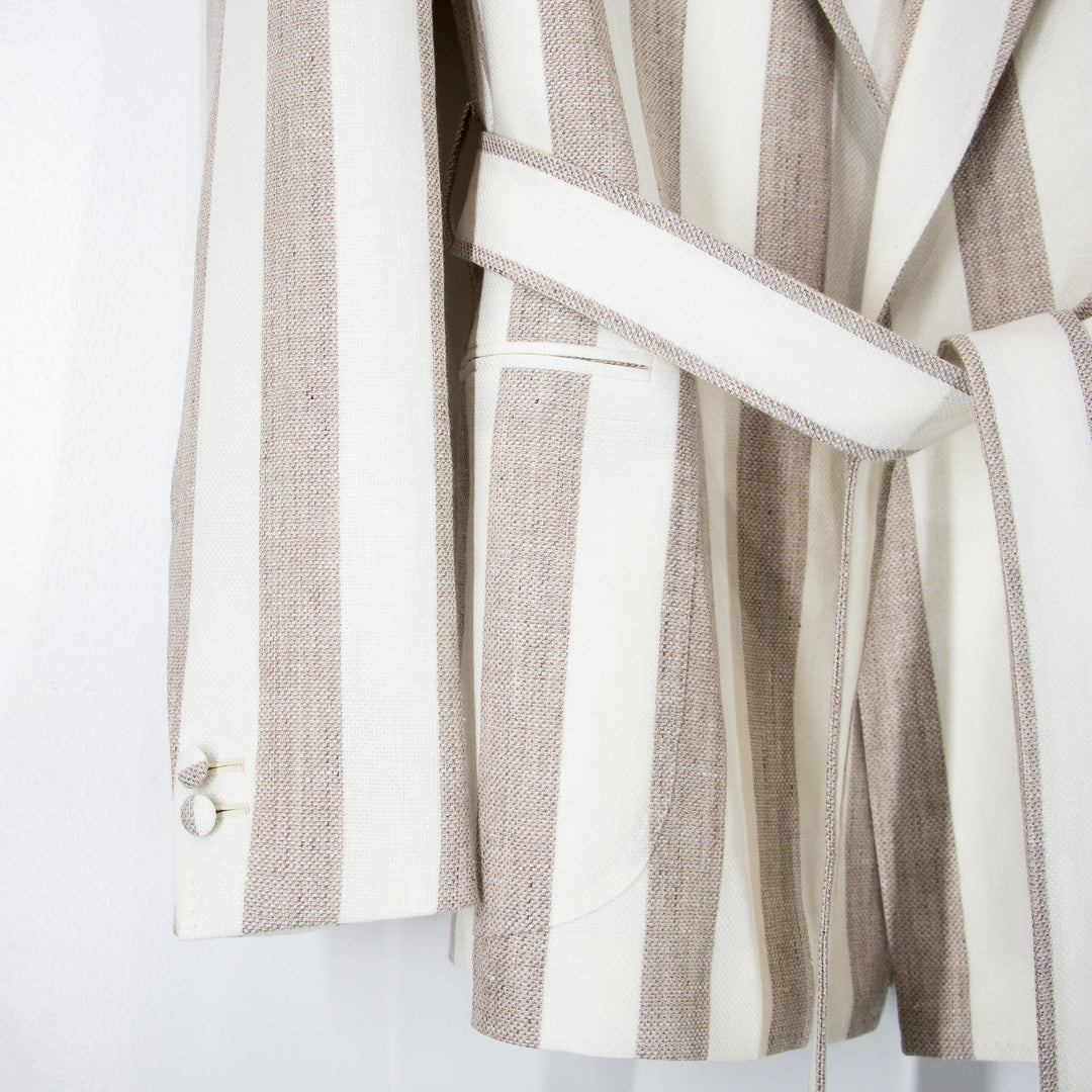 Sand Bone Awning Stripes “Benton Peak Lapels” Tropical Wool/Silk/Linen Belted Suit